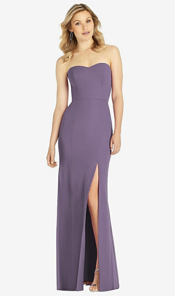 Front View - Lavender Strapless Chiffon Trumpet Gown with Front Slit