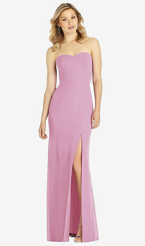 Front View - Powder Pink Strapless Chiffon Trumpet Gown with Front Slit
