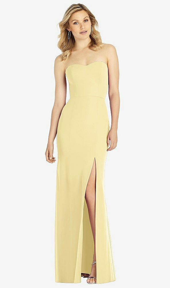 Front View - Pale Yellow Strapless Chiffon Trumpet Gown with Front Slit