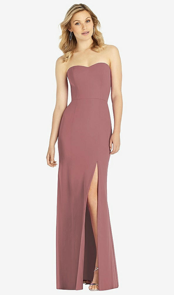 Front View - Rosewood Strapless Chiffon Trumpet Gown with Front Slit