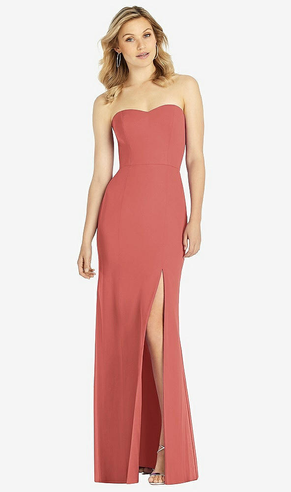 Front View - Coral Pink Strapless Chiffon Trumpet Gown with Front Slit