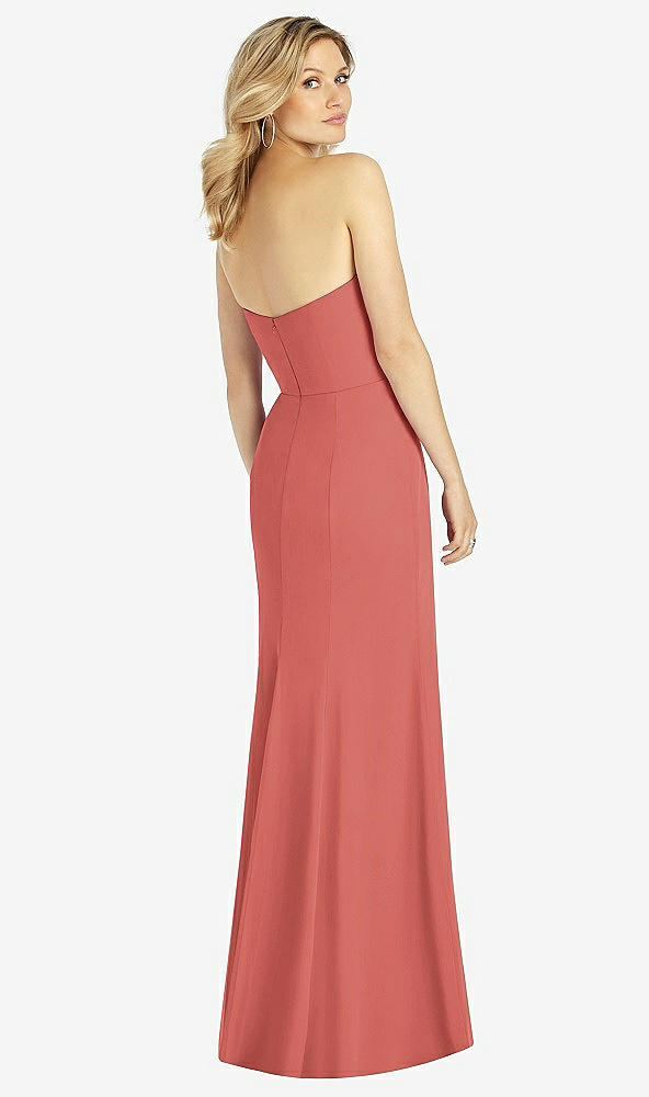 Back View - Coral Pink Strapless Chiffon Trumpet Gown with Front Slit