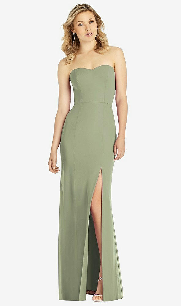 Front View - Sage Strapless Chiffon Trumpet Gown with Front Slit
