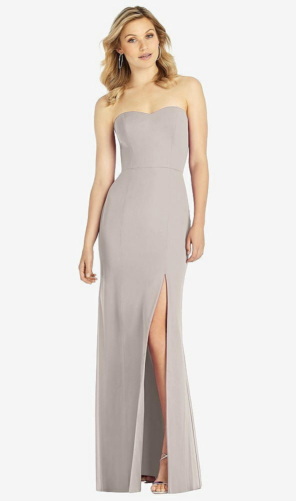 Front View - Taupe Strapless Chiffon Trumpet Gown with Front Slit