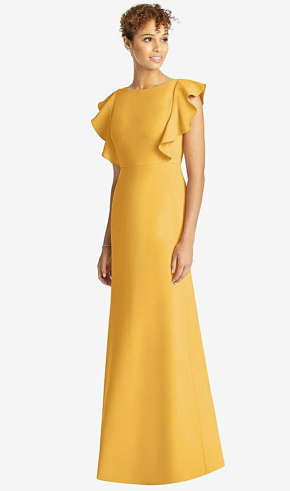 Front View - NYC Yellow Ruffle Cap Sleeve Open-back Trumpet Gown