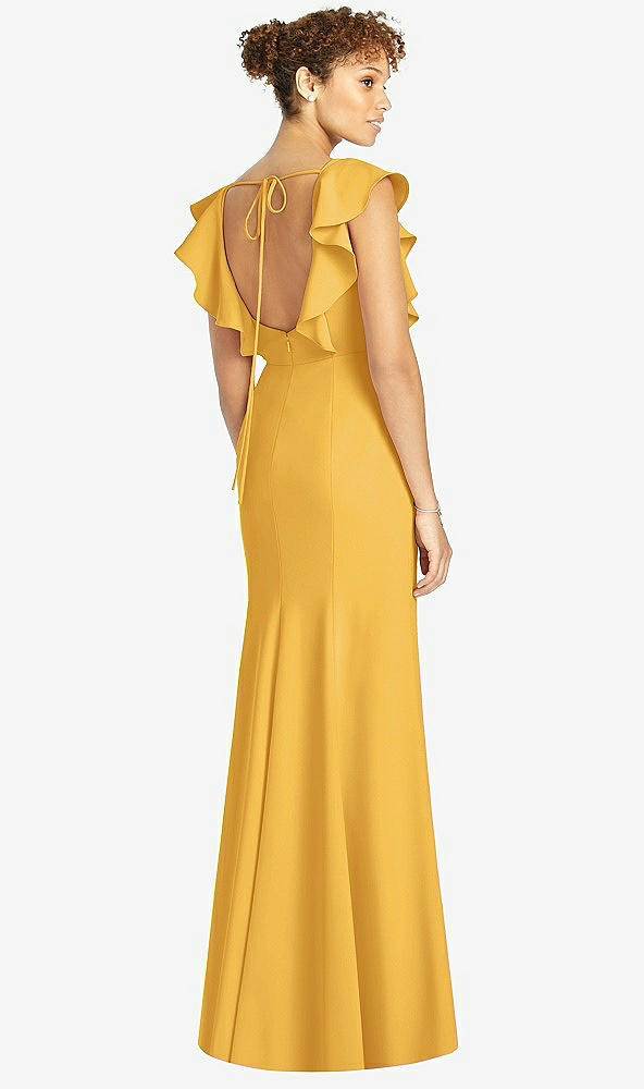 Back View - NYC Yellow Ruffle Cap Sleeve Open-back Trumpet Gown