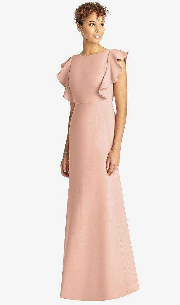 Front View - Pale Peach Ruffle Cap Sleeve Open-back Trumpet Gown