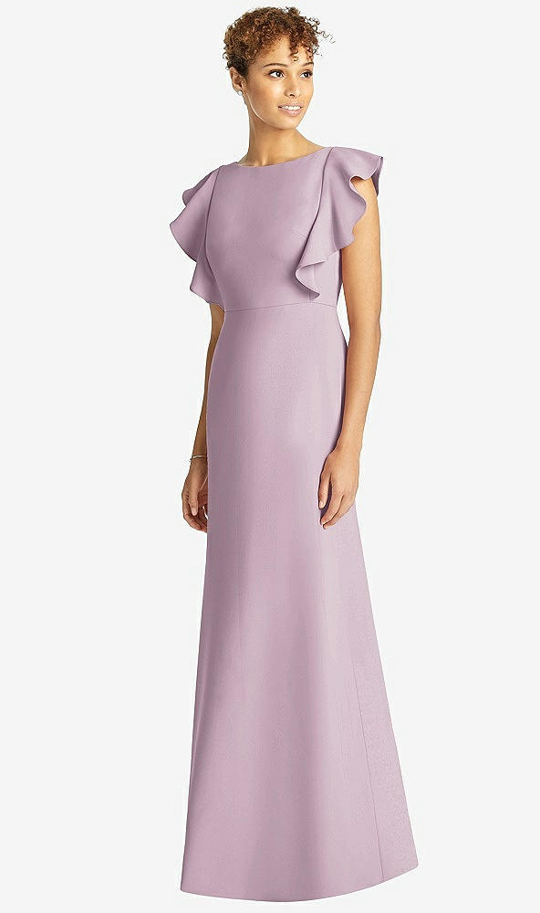 Front View - Suede Rose Ruffle Cap Sleeve Open-back Trumpet Gown