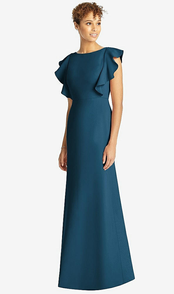 Front View - Atlantic Blue Ruffle Cap Sleeve Open-back Trumpet Gown