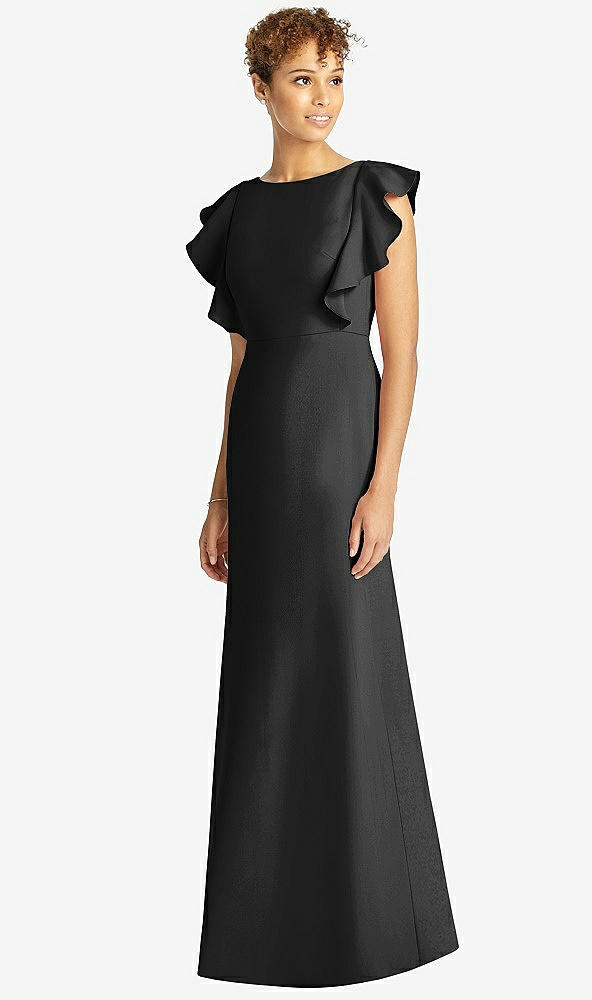 Front View - Black Ruffle Cap Sleeve Open-back Trumpet Gown