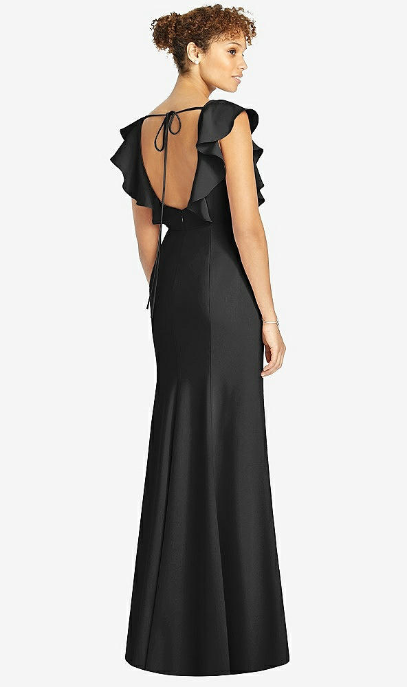Back View - Black Ruffle Cap Sleeve Open-back Trumpet Gown