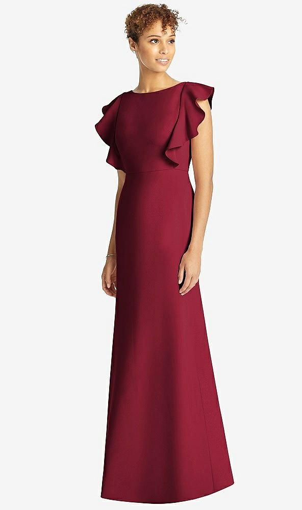 Front View - Burgundy Ruffle Cap Sleeve Open-back Trumpet Gown