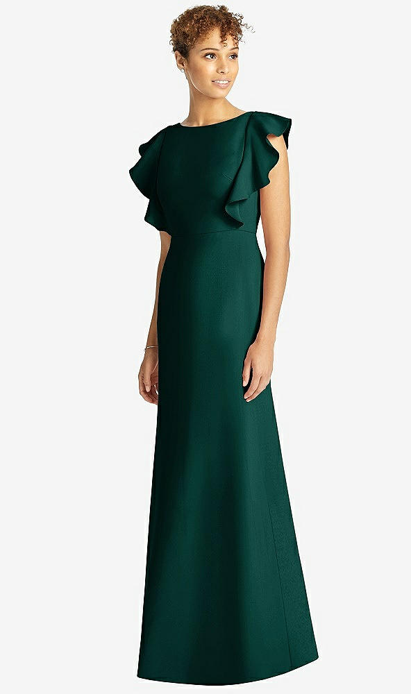 Front View - Evergreen Ruffle Cap Sleeve Open-back Trumpet Gown