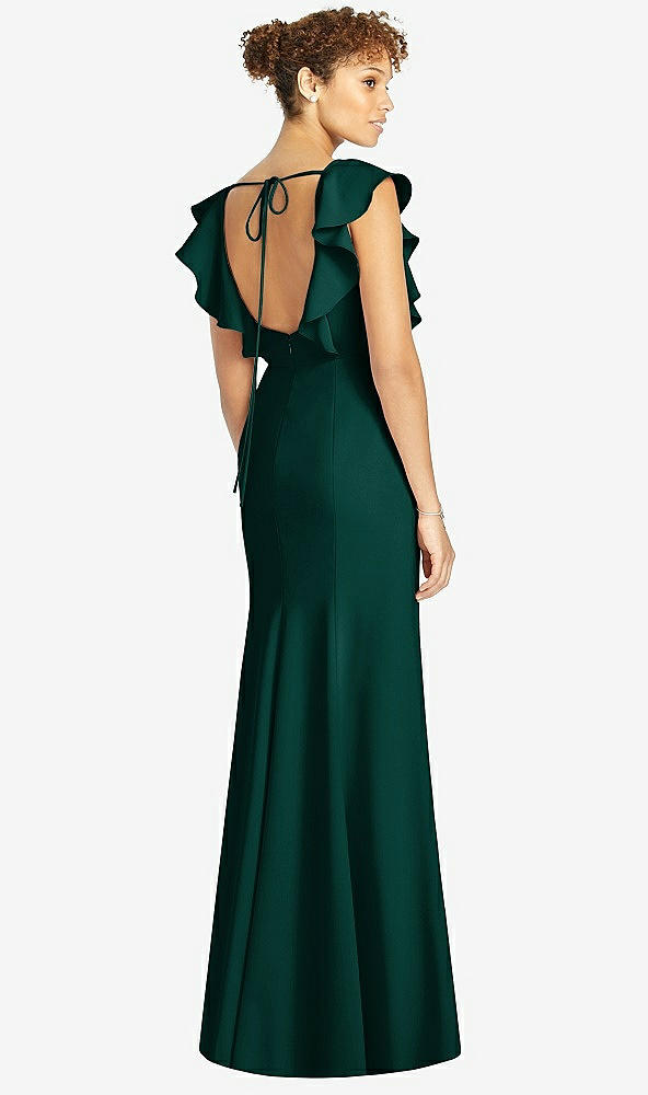 Back View - Evergreen Ruffle Cap Sleeve Open-back Trumpet Gown