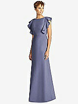 Front View Thumbnail - French Blue Ruffle Cap Sleeve Open-back Trumpet Gown