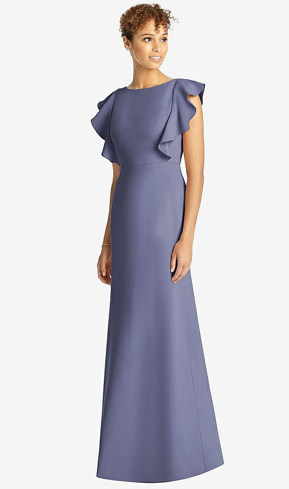 Front View - French Blue Ruffle Cap Sleeve Open-back Trumpet Gown