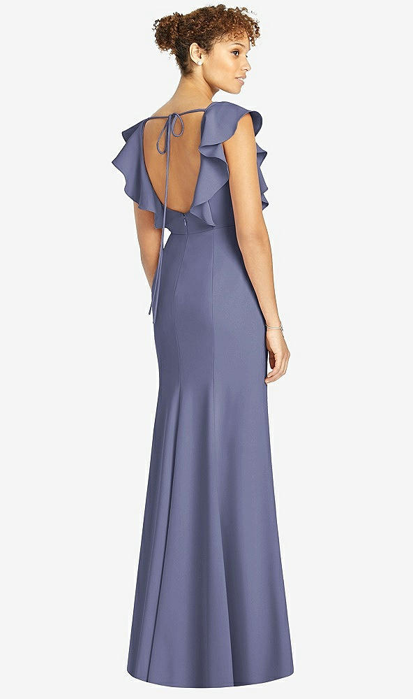 Back View - French Blue Ruffle Cap Sleeve Open-back Trumpet Gown