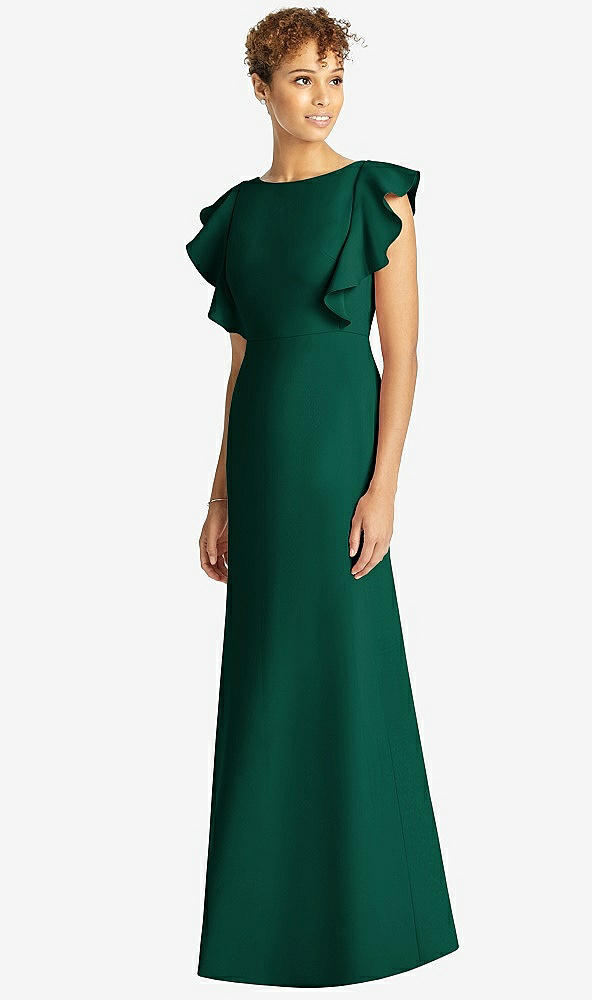 Front View - Hunter Green Ruffle Cap Sleeve Open-back Trumpet Gown