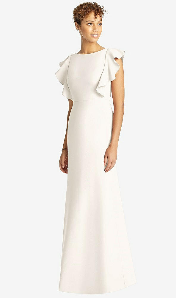Front View - Ivory Ruffle Cap Sleeve Open-back Trumpet Gown