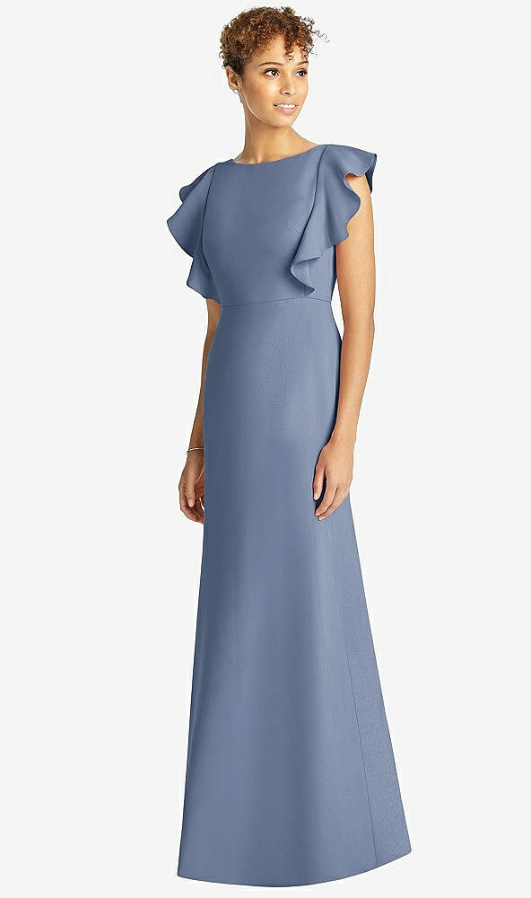 Front View - Larkspur Blue Ruffle Cap Sleeve Open-back Trumpet Gown