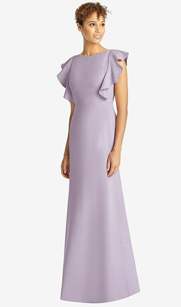Front View - Lilac Haze Ruffle Cap Sleeve Open-back Trumpet Gown