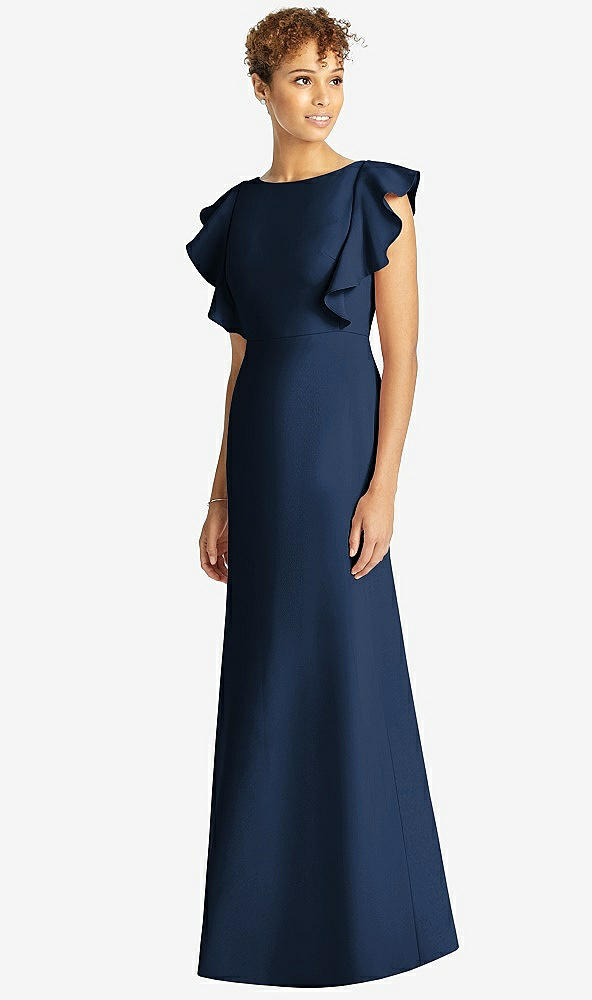 Front View - Midnight Navy Ruffle Cap Sleeve Open-back Trumpet Gown