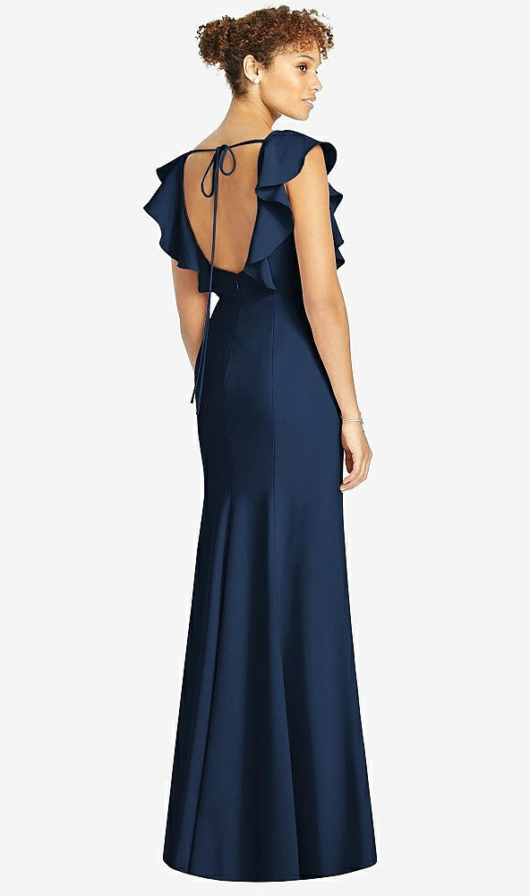 Back View - Midnight Navy Ruffle Cap Sleeve Open-back Trumpet Gown