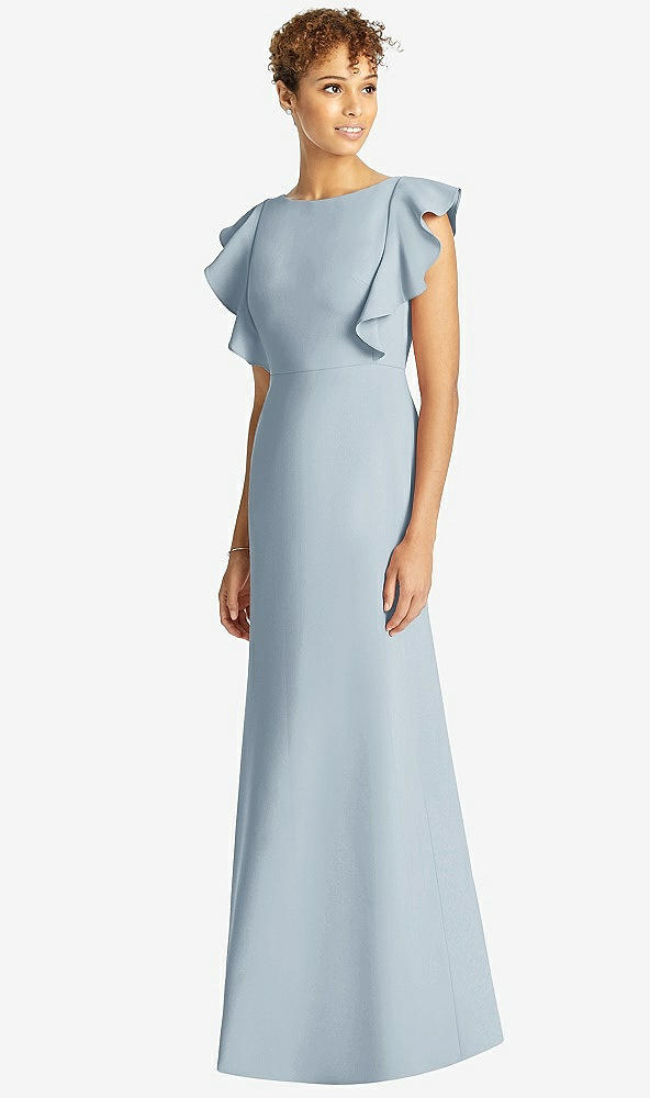 Front View - Mist Ruffle Cap Sleeve Open-back Trumpet Gown