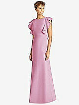 Front View Thumbnail - Powder Pink Ruffle Cap Sleeve Open-back Trumpet Gown