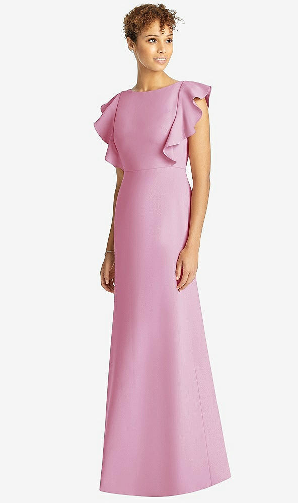 Front View - Powder Pink Ruffle Cap Sleeve Open-back Trumpet Gown