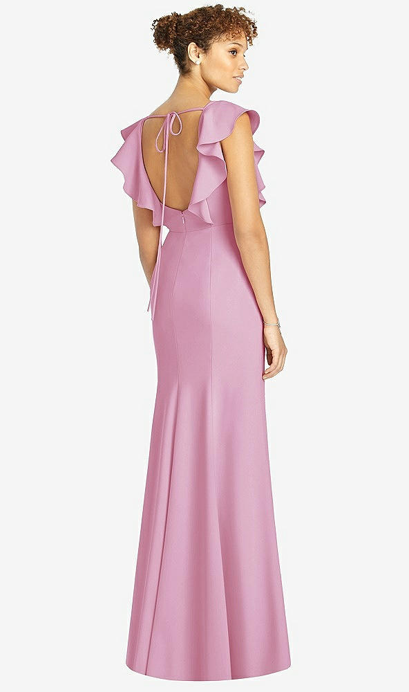 Back View - Powder Pink Ruffle Cap Sleeve Open-back Trumpet Gown