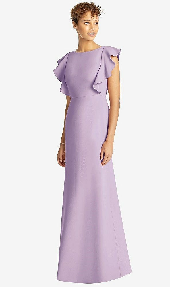 Front View - Pale Purple Ruffle Cap Sleeve Open-back Trumpet Gown