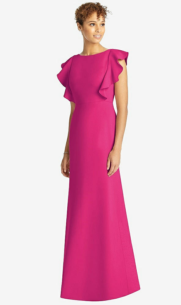 Front View - Think Pink Ruffle Cap Sleeve Open-back Trumpet Gown