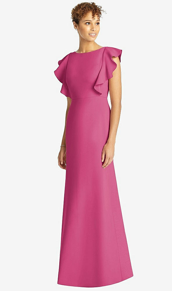 Front View - Tea Rose Ruffle Cap Sleeve Open-back Trumpet Gown