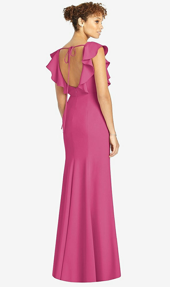 Back View - Tea Rose Ruffle Cap Sleeve Open-back Trumpet Gown