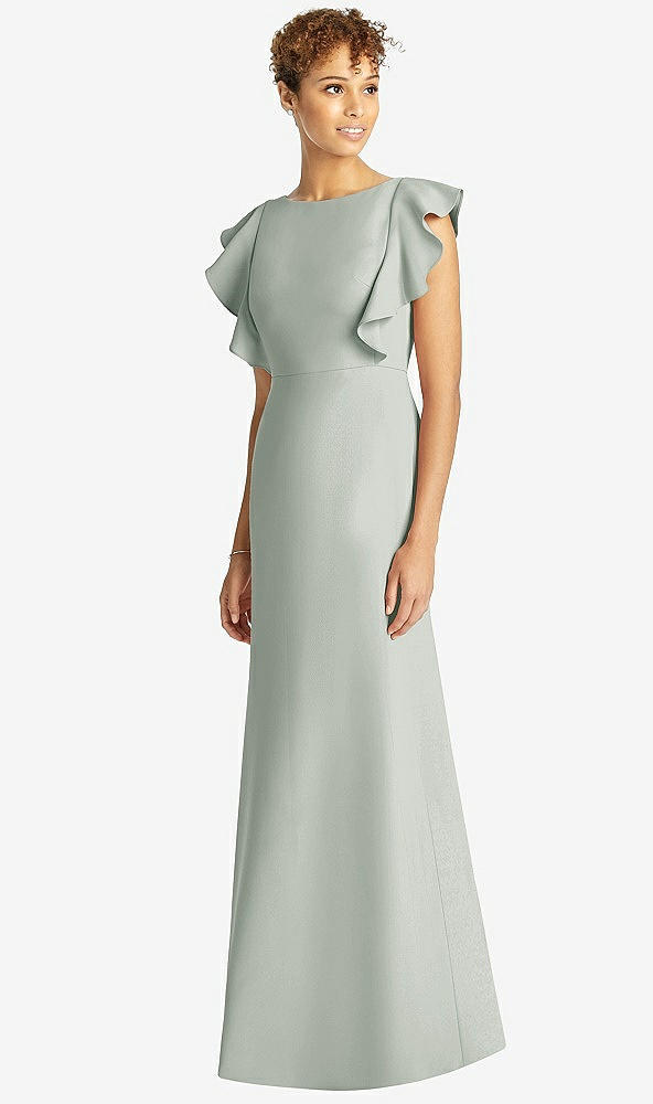 Front View - Willow Green Ruffle Cap Sleeve Open-back Trumpet Gown