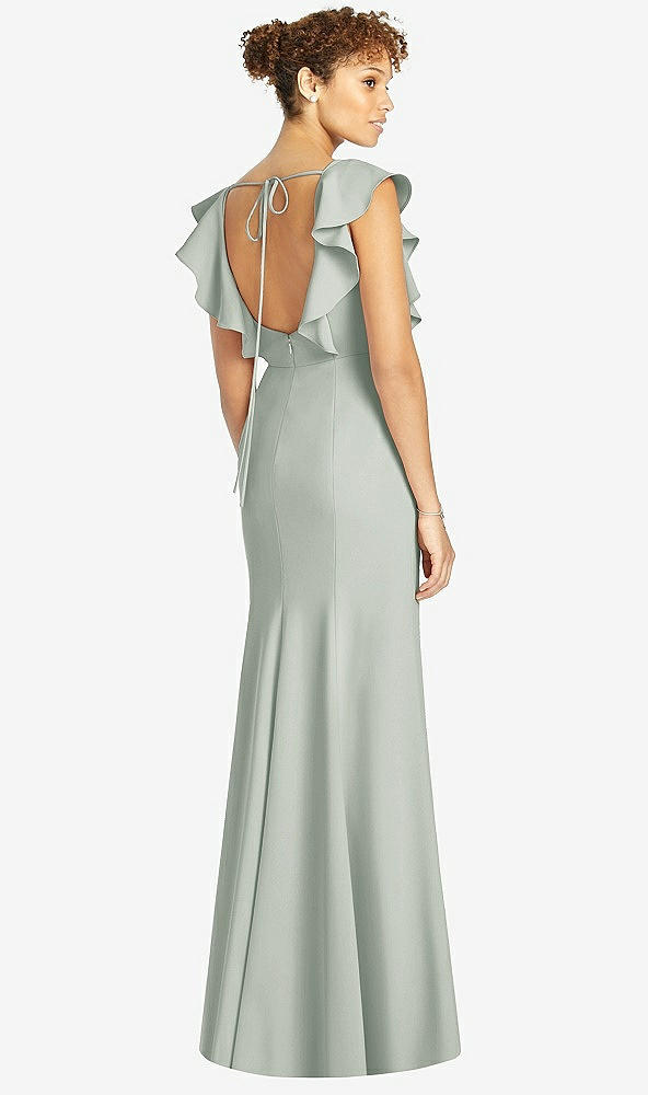 Back View - Willow Green Ruffle Cap Sleeve Open-back Trumpet Gown