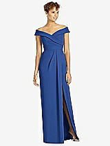 Front View Thumbnail - Classic Blue Cuffed Off-the-Shoulder Faux Wrap Maxi Dress with Front Slit