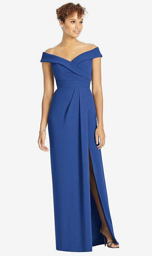 Front View - Classic Blue Cuffed Off-the-Shoulder Faux Wrap Maxi Dress with Front Slit