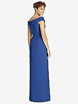 Rear View Thumbnail - Classic Blue Cuffed Off-the-Shoulder Faux Wrap Maxi Dress with Front Slit
