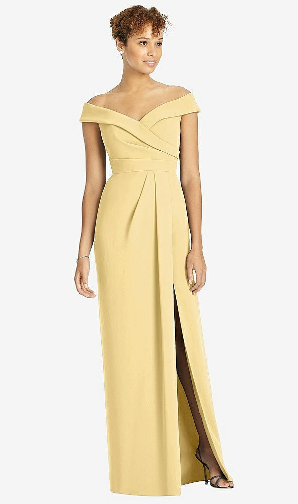 Front View - Buttercup Cuffed Off-the-Shoulder Faux Wrap Maxi Dress with Front Slit
