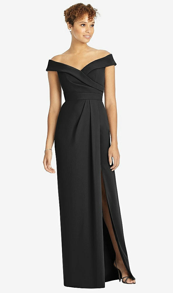 Front View - Black Cuffed Off-the-Shoulder Faux Wrap Maxi Dress with Front Slit