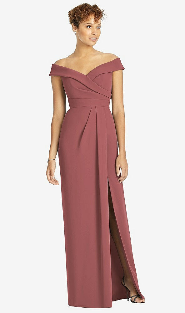 Front View - English Rose Cuffed Off-the-Shoulder Faux Wrap Maxi Dress with Front Slit
