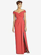 Front View Thumbnail - Perfect Coral Cuffed Off-the-Shoulder Faux Wrap Maxi Dress with Front Slit