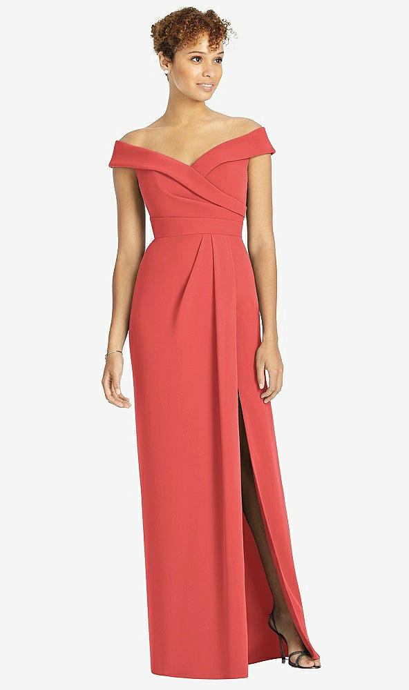 Front View - Perfect Coral Cuffed Off-the-Shoulder Faux Wrap Maxi Dress with Front Slit