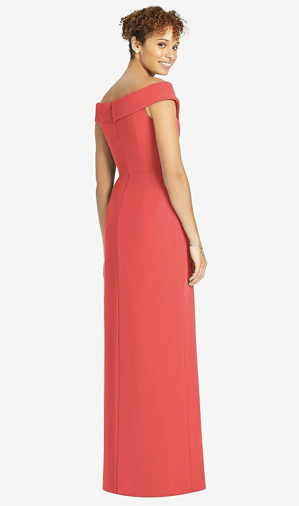 Back View - Perfect Coral Cuffed Off-the-Shoulder Faux Wrap Maxi Dress with Front Slit