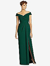 Front View Thumbnail - Hunter Green Cuffed Off-the-Shoulder Faux Wrap Maxi Dress with Front Slit