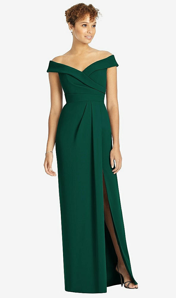Front View - Hunter Green Cuffed Off-the-Shoulder Faux Wrap Maxi Dress with Front Slit