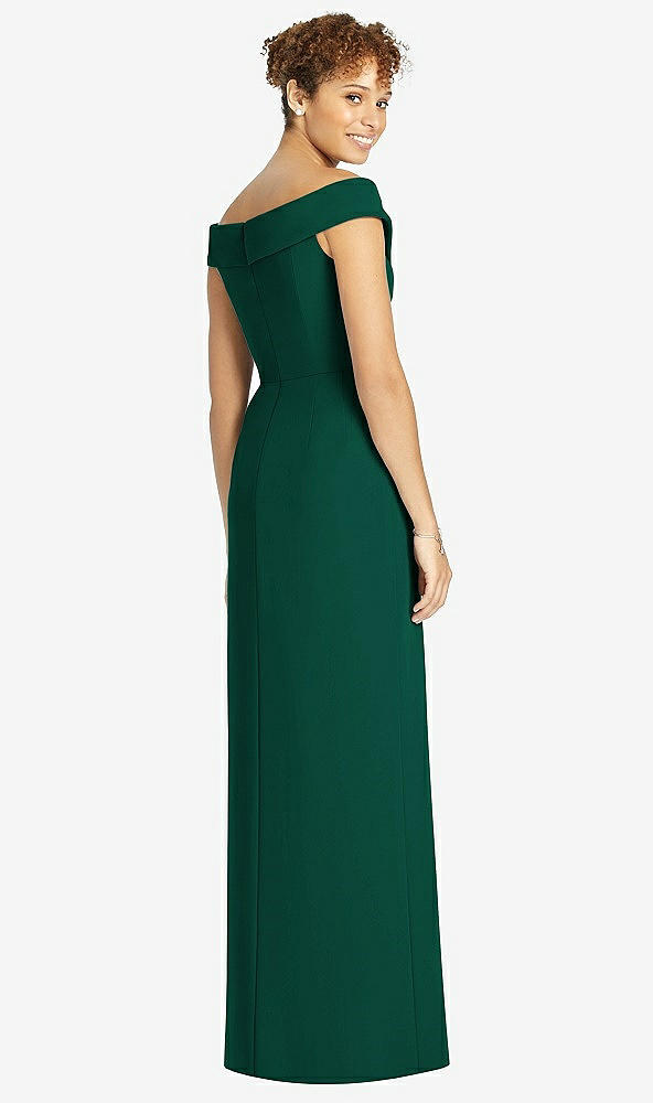 Back View - Hunter Green Cuffed Off-the-Shoulder Faux Wrap Maxi Dress with Front Slit