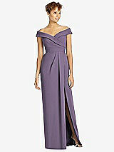 Front View Thumbnail - Lavender Cuffed Off-the-Shoulder Faux Wrap Maxi Dress with Front Slit